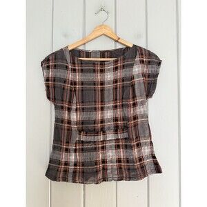 Babette Crinkle Blouse P Petite Brown Orange Cotton 3/4 Sleeveless Cap Sleeves